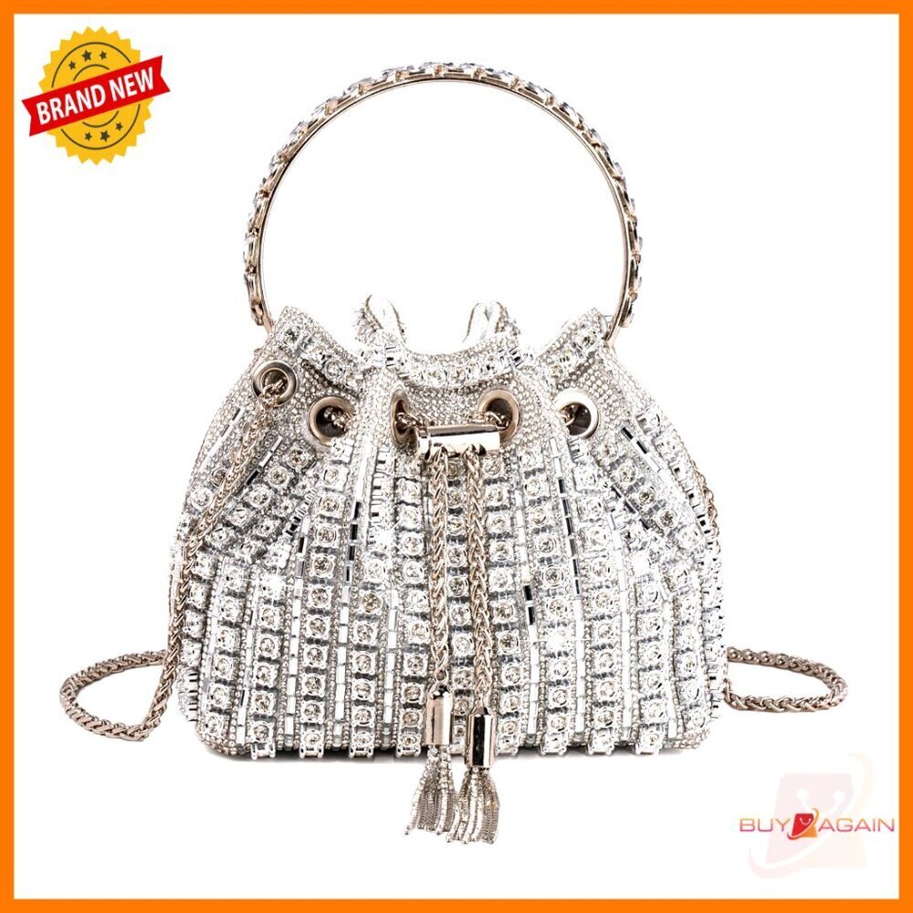 Silver Beaded Hobo Clutch Evening Bag for Wedding Prom Party